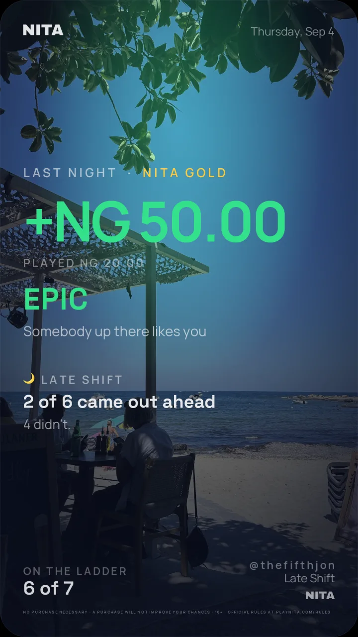 A share card over a photo of a beach bar under a tree, someone at a table looking out at the sea. It reads Last night, Nita Gold, plus NG fifty, played NG twenty, Epic, “Somebody up there likes you”. Then Late Shift: two of six came out ahead, four didn’t. On the ladder, six of seven. Signed @thefifthjon, Late Shift.