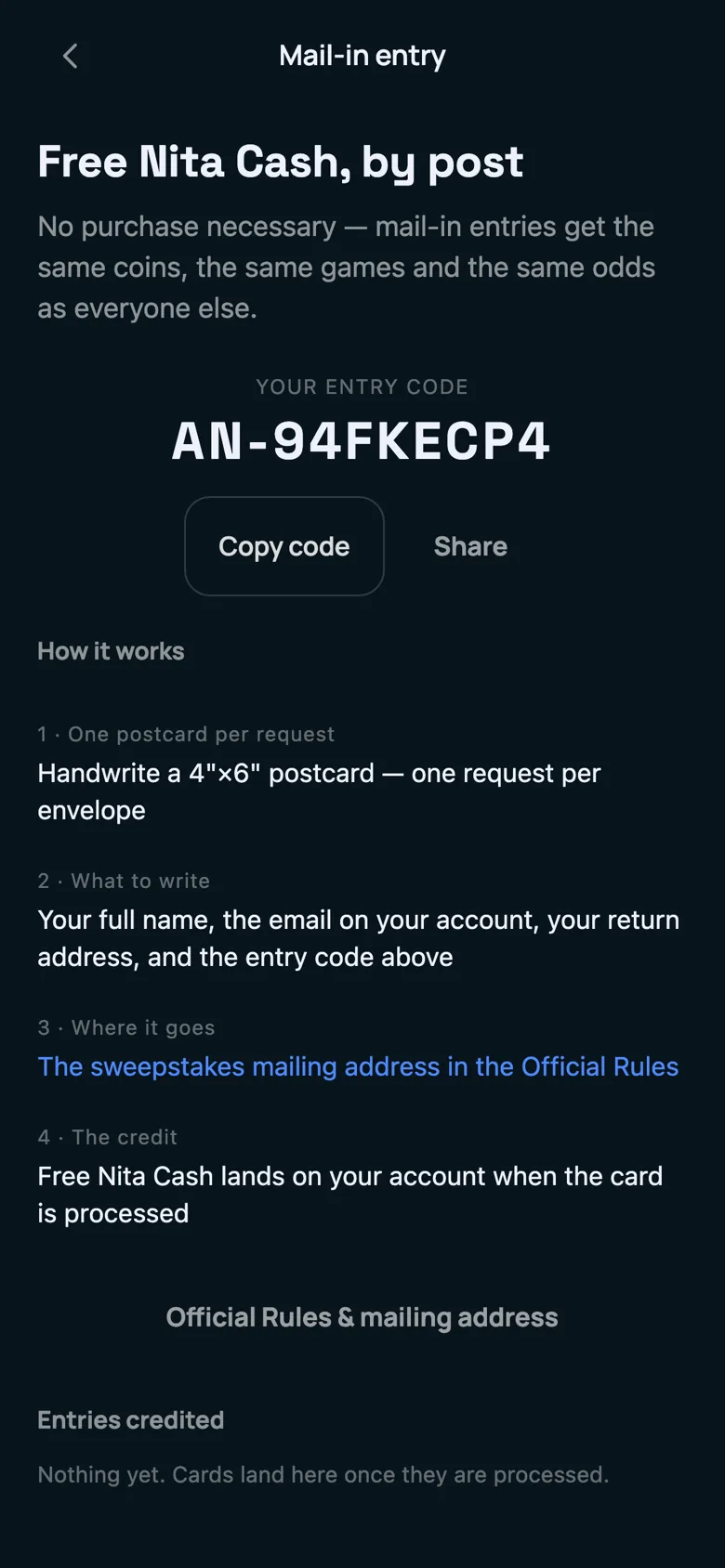 The mail-in entry screen in the app, explaining how to request Nita Cash free by post.
