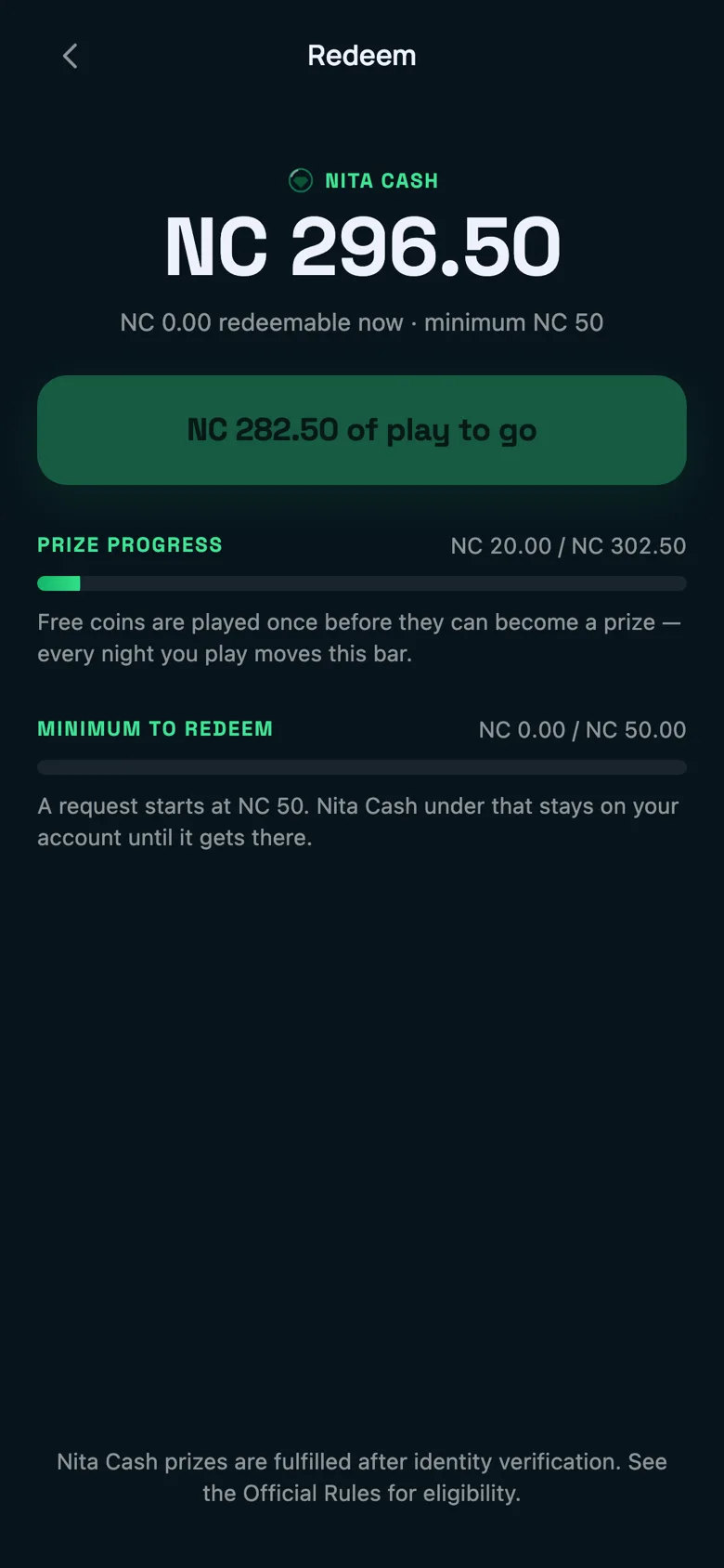 The Redeem screen, showing a Nita Cash balance above progress bars for playthrough, the minimum to redeem, and the daily redemption limit.