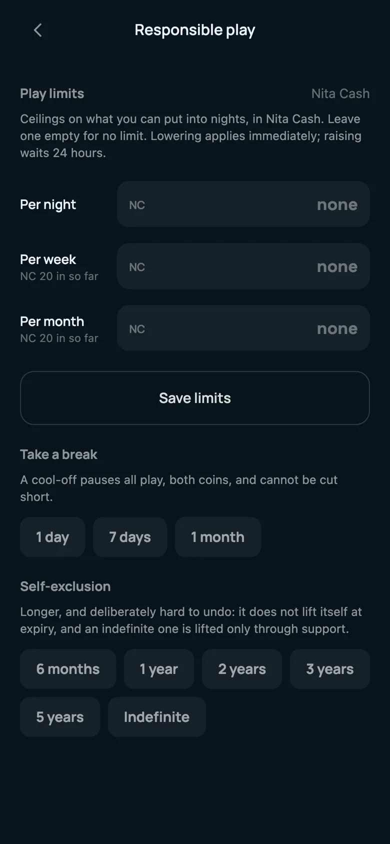 The responsible play screen in the app, offering play limits, a cool-off and self-exclusion.