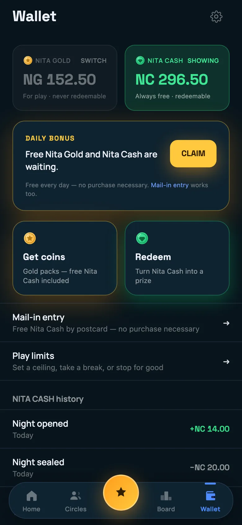 The Wallet screen showing a Nita Gold balance and a Nita Cash balance side by side, one marked “For play · never redeemable” and the other “Always free · redeemable”.